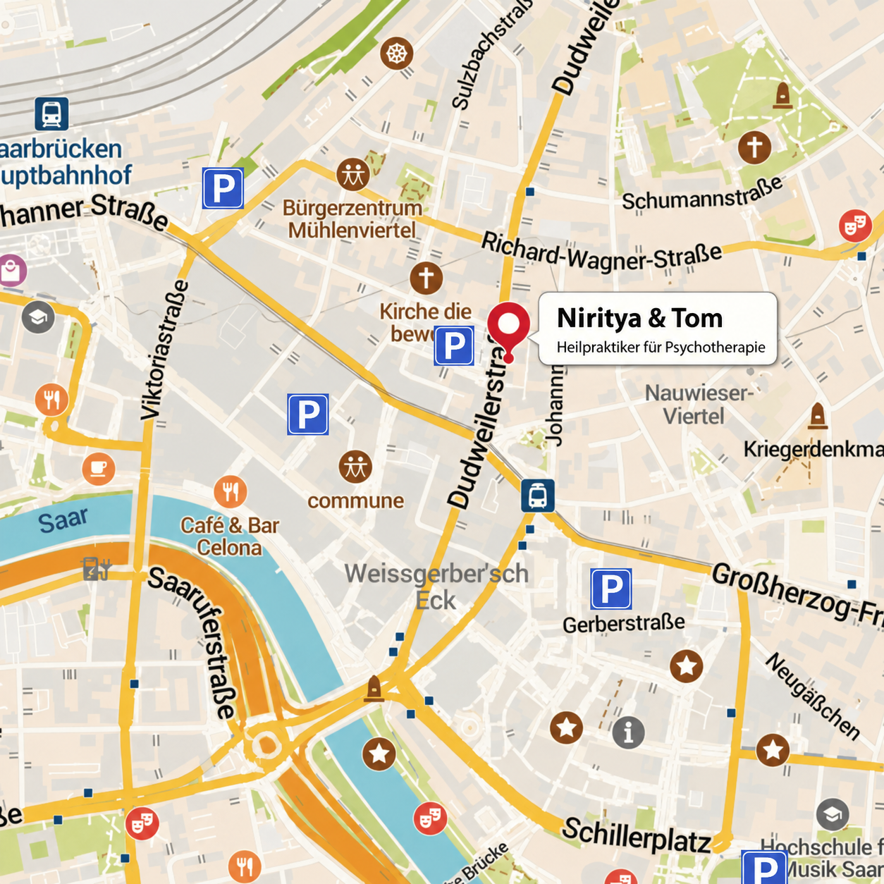 Karte von Saarbrücken Nauwieser Viertel mit der Praxis von Niritya Speicher-Wilhelm und Thomas "Tom" Wilhelm, Heilpraktiker für Psychotherapie im Saarland.